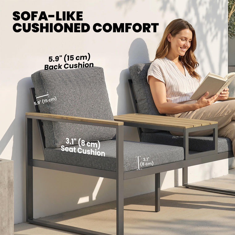136cm Garden Bench with Integrated Table and Thick Cushions