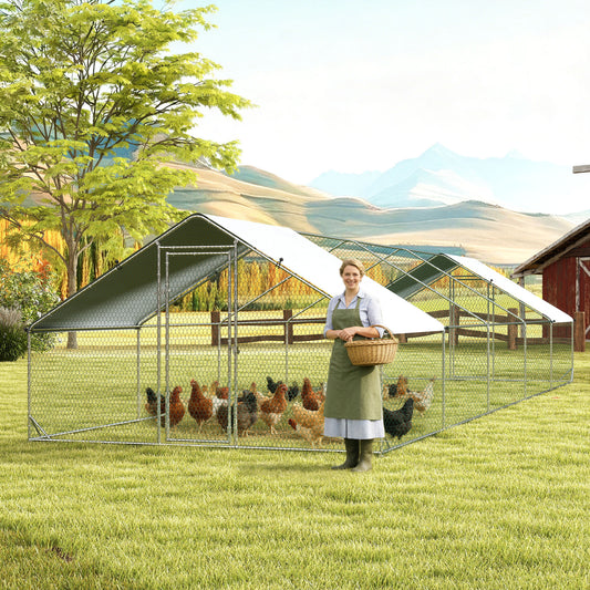 Metal Chicken Coop with Water- and UV-Protection Cover for Backyard Hen, Duck, Rabbit, 32.8' x 9.8' x 6.4'