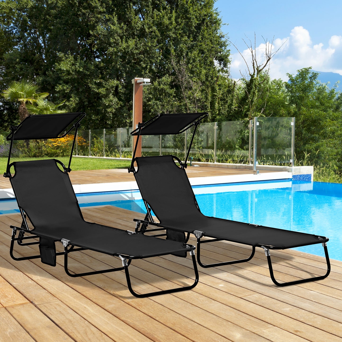 2 Piece Folding Outdoor Chaise Lounges, Pool Tanning Chairs with Reclining Back, Sunshade for Beach, Patio, Dark Grey
