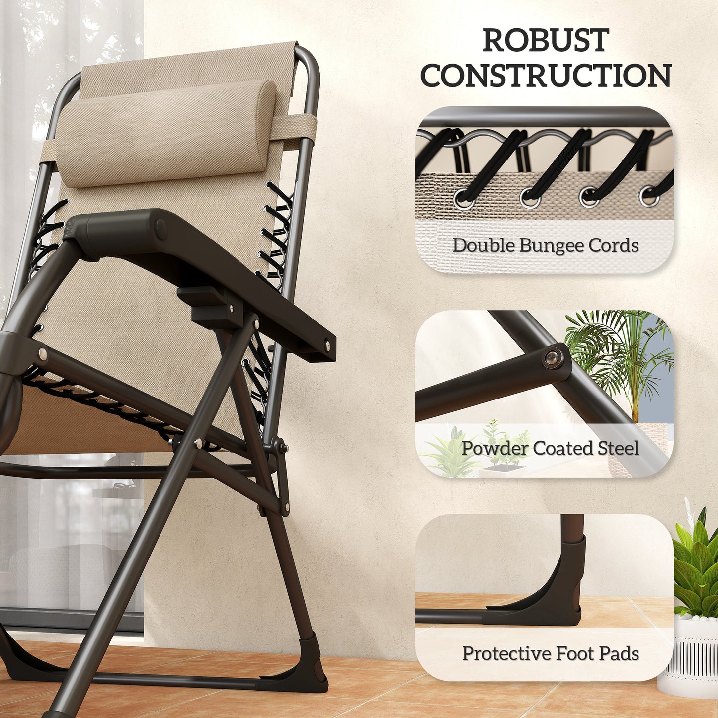 Zero Gravity Chair Set of 2, Folding Reclining Outdoor Lounge Chair with Cup Holder, Headrest, Light Brown