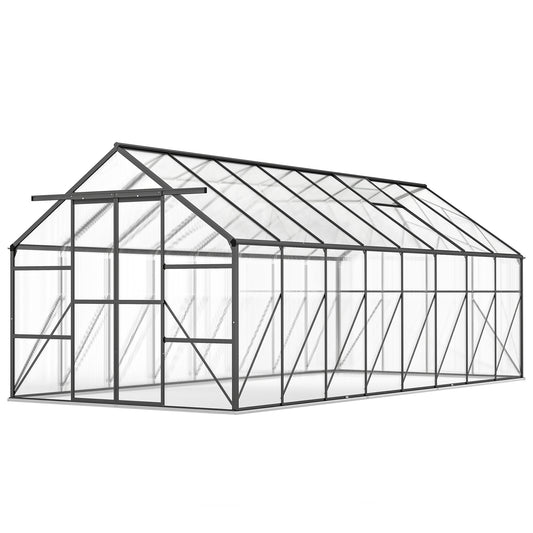 Aluminum Greenhouse Polycarbonate Walk-in Garden Greenhouse Kit with Rain Gutter and Sliding Door, 16' x 8', Dark Grey
