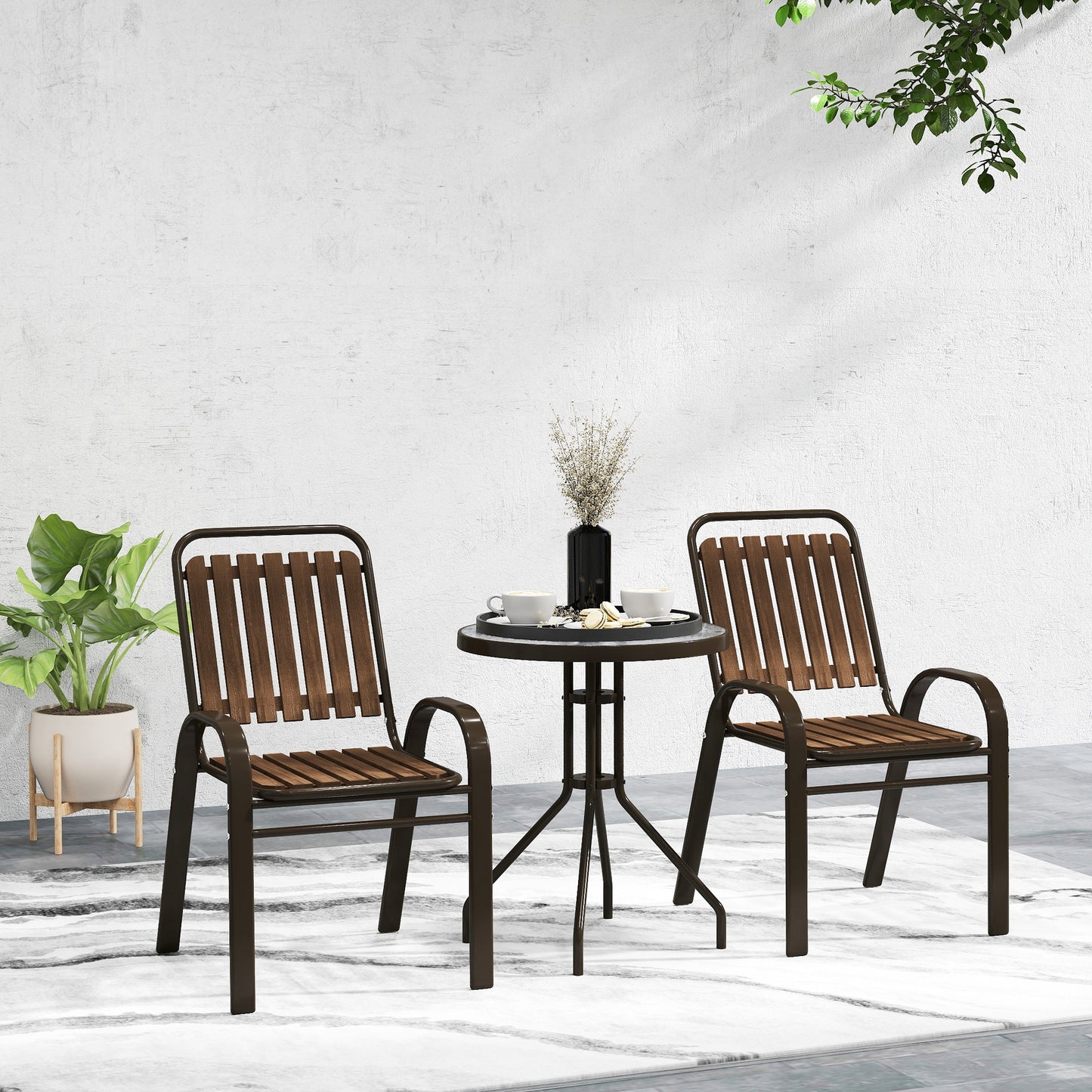 3 Pieces Patio Bistro Set, 2 Stackable Chairs with Tempered Glass Table, for Outdoor, Garden Backyard Porch, Dark Brown