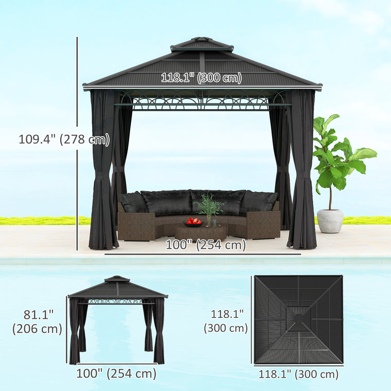 10' x 10' Black Hardtop Gazebo with Double PC Roof & Curtains
