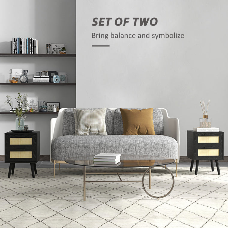 Boho Nightstands Set of 2 with 2 Drawers - Black
