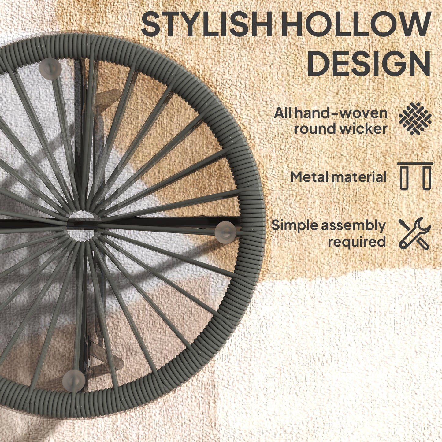 Rattan Side Table, Round Outdoor Table, with Round PE Rattan and Tempered Glass Table Top for Patio, Garden, Dark Grey