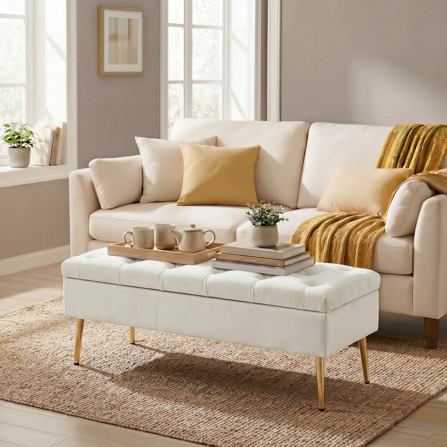 Upholstered Bedroom Bench with Gold Tone Metal Legs, Velvet Tufted and Thick Padding, Beige
