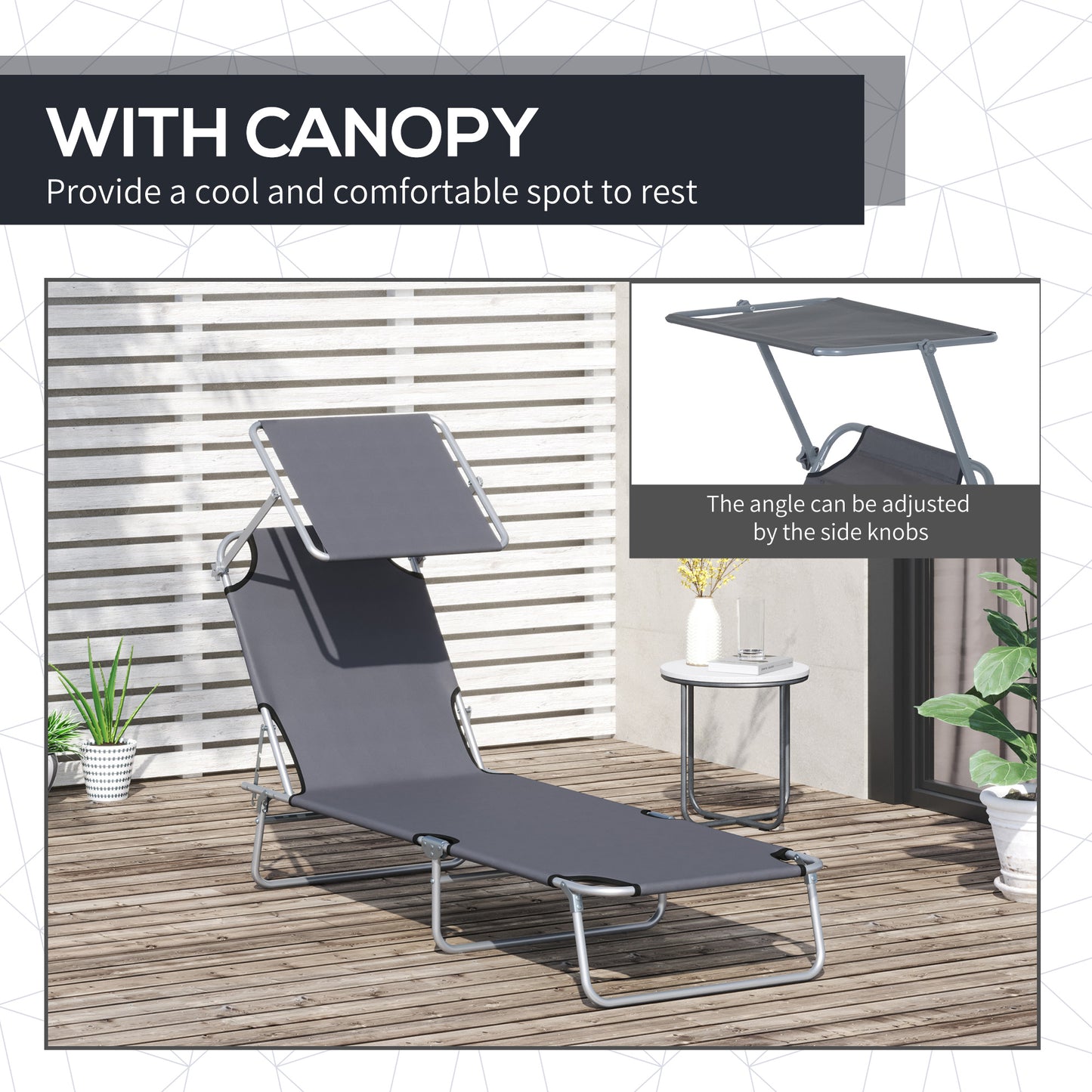 Outdoor Lounge Chair, Adjustable Folding Chaise Lounge, Tanning Chair with Sun Shade for Beach, Camping, Hiking, Backyard, Light Grey