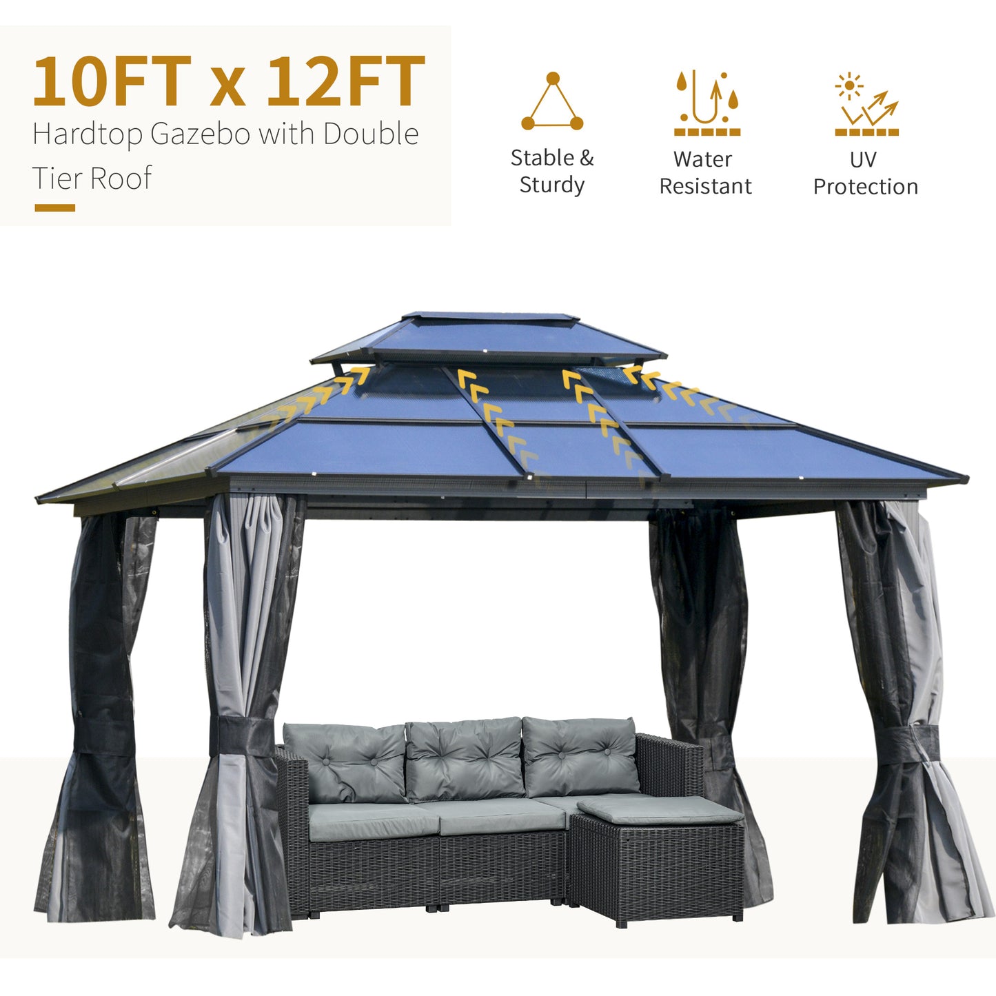 10'x12' Hardtop Patio Gazebo Aluminum Gazebo Canopy with Double Tier Roof, Curtains, Netting Sidewalls, Black & Grey