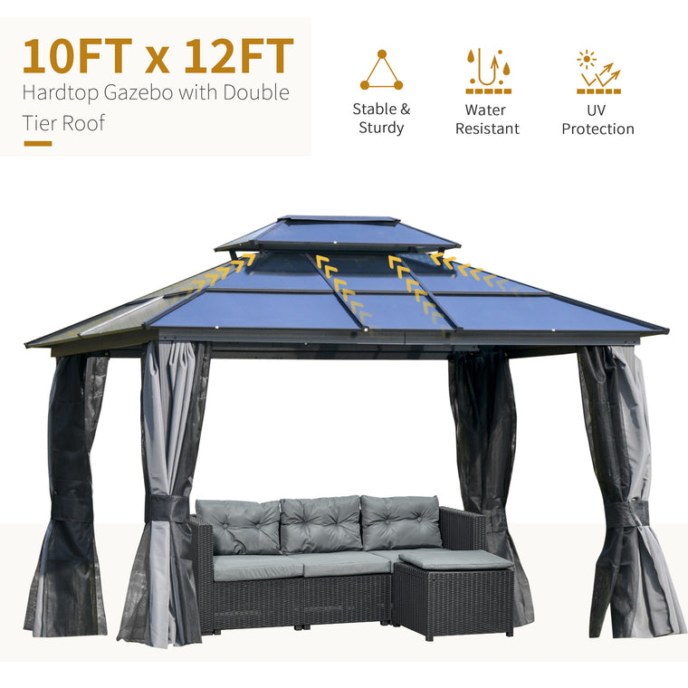 10' x 12' Black & Grey Hardtop Gazebo with Double Tier Roof