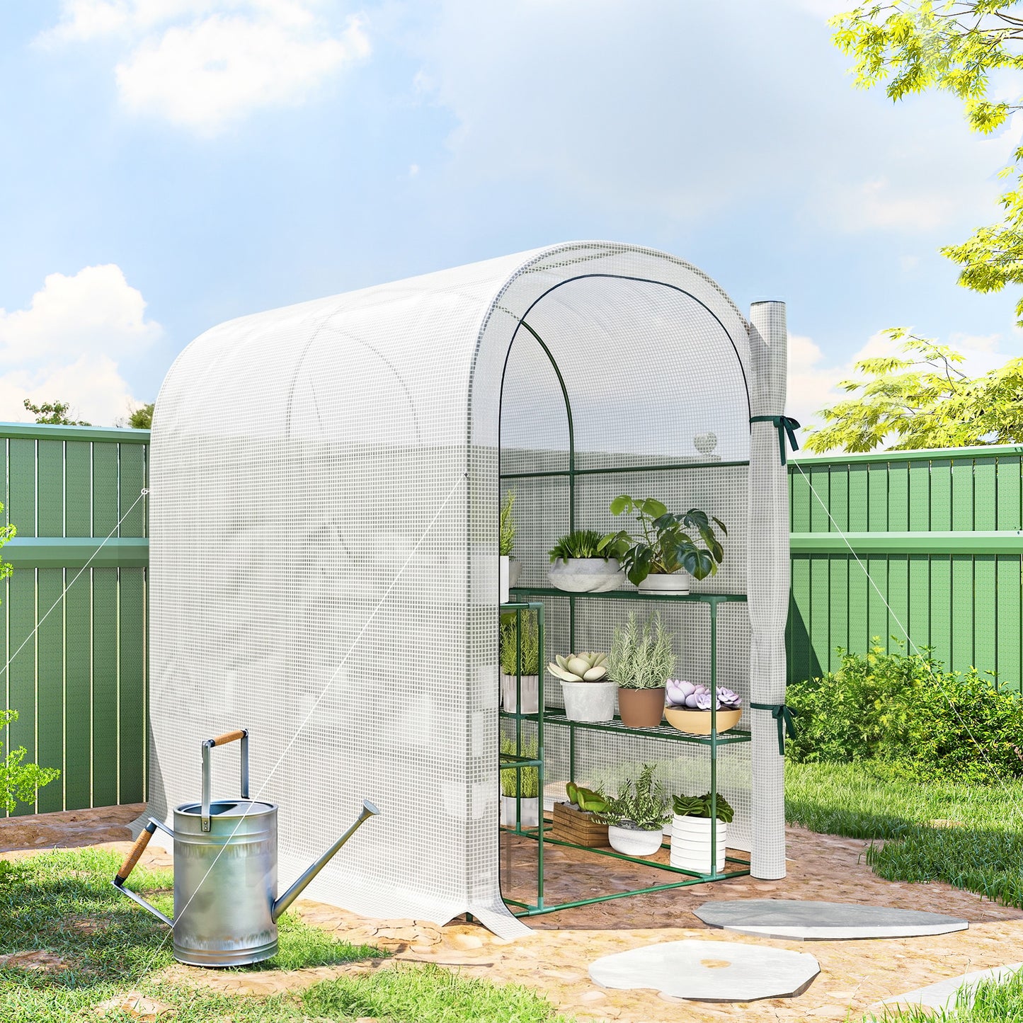 Walk-in Mini Greenhouse with Shelves, Portable Outdoor Greenhouse with Roll-up Door, 123 x 187 x 189 cm, White