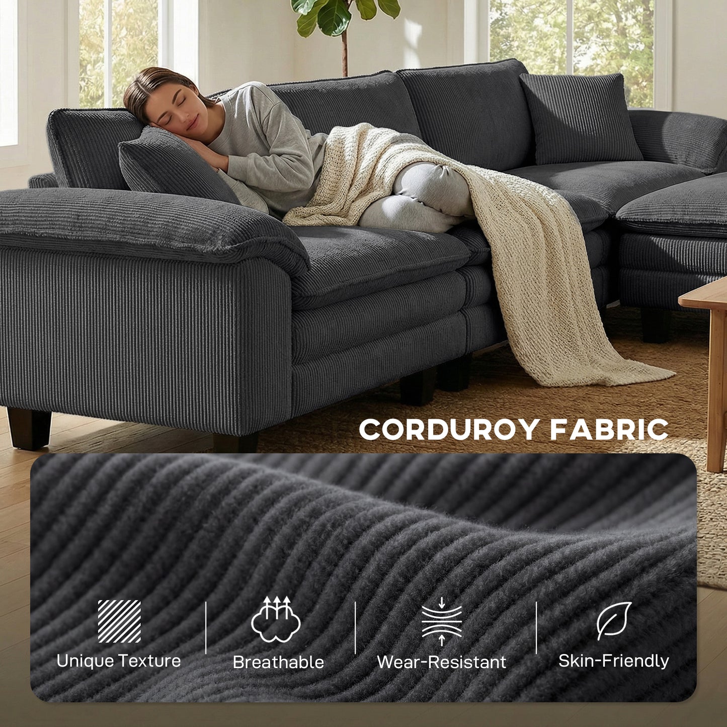 Deep-Seat L-Shape Sectional Sofa with Storage Ottoman - Dark Grey