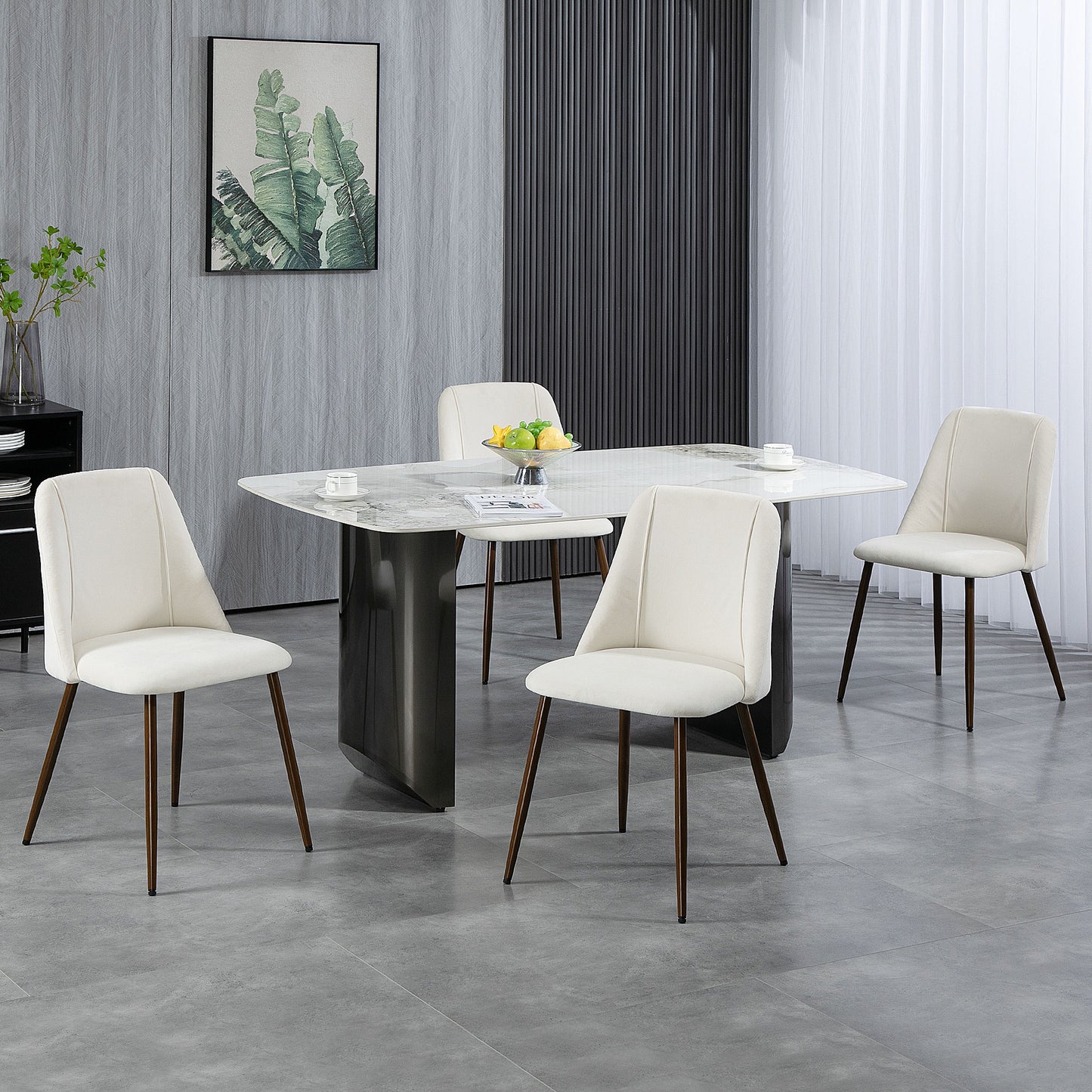 Upholstered Dining Chairs Set of 4, Velvet Accent Chair with Back and Wood-grain Steel Leg for Kitchen, Cream White