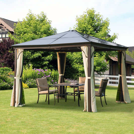 10 x 10 ft Hard Top Gazebo Canopy, Outdoor Patio Shelter with Heavy-Duty Metal Frame, Sun Shade with Curtains and Waterproof Roof for Backyard, Beige Coffee