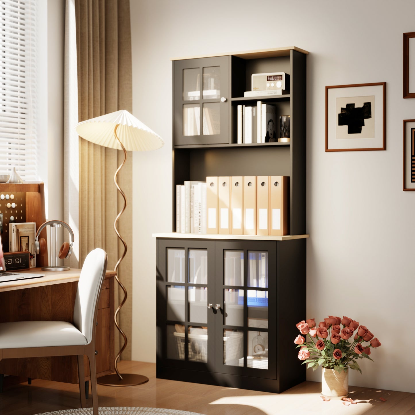 Kitchen Buffet with Hutch, Storage Pantry with 3 Cabinets, 2 Open Shelves and Large Countertop, Black