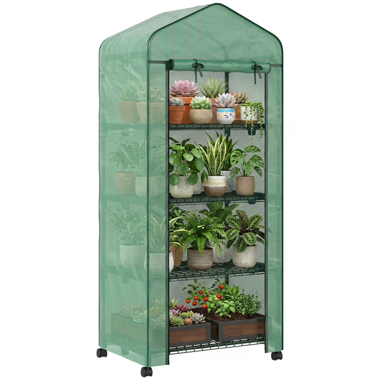 Green Portable Greenhouse with 4-Tier Shelves & PE Cover