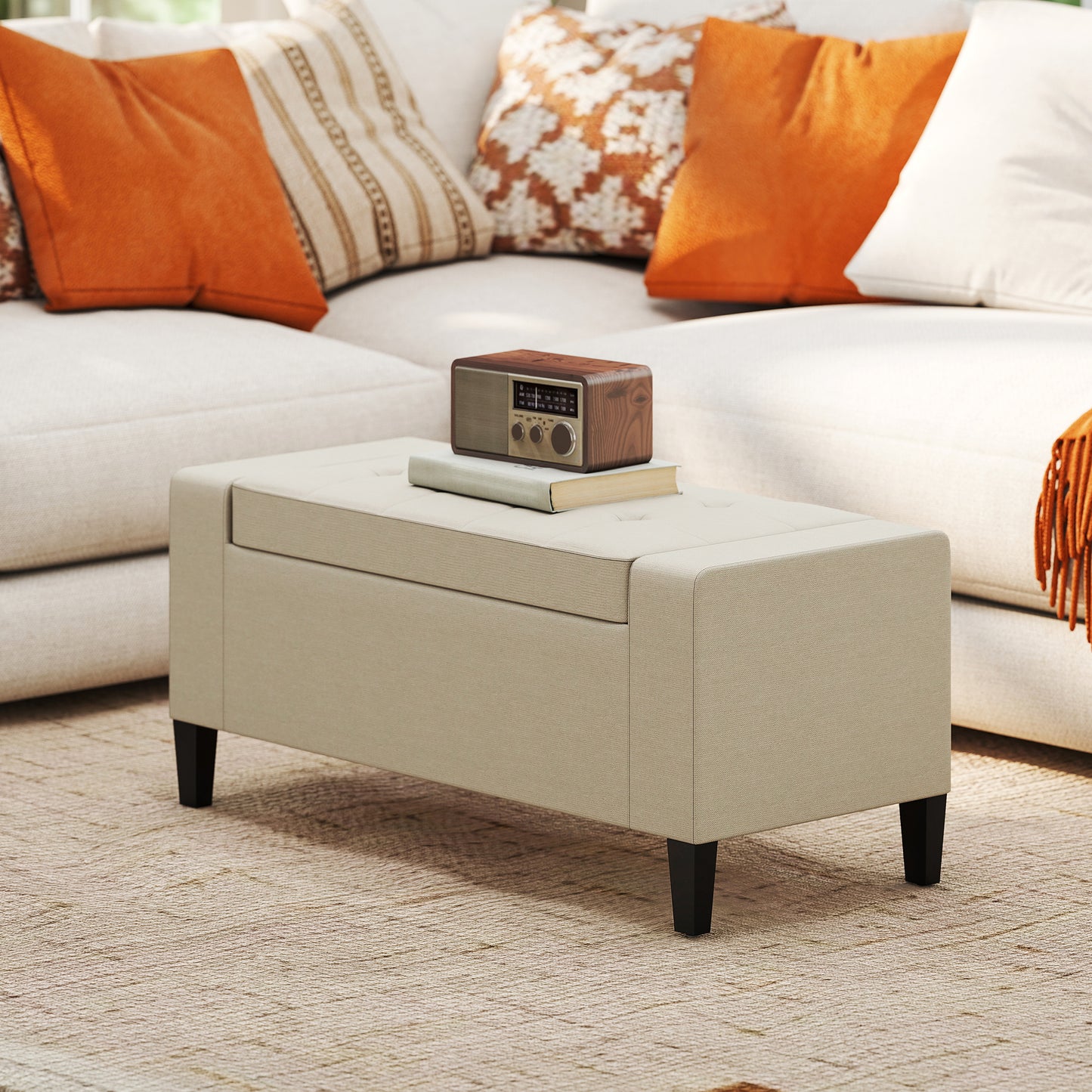 36" Storage Ottoman Bench, Linen-Look Fabric End of Bed Bench with Solid Wood Frame and Legs, Tufted Storage Chest, Footrest for Living Room, Bedroom, Entryway, Beige
