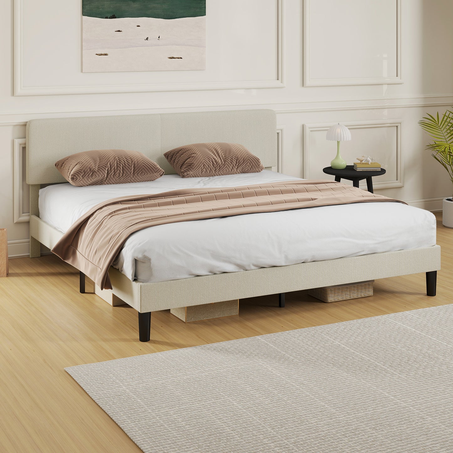 King Size Bed Frame with Adjustable Upholstered Headboard Platform Bed Frame Wood Slat Support Noise Free Light Grey