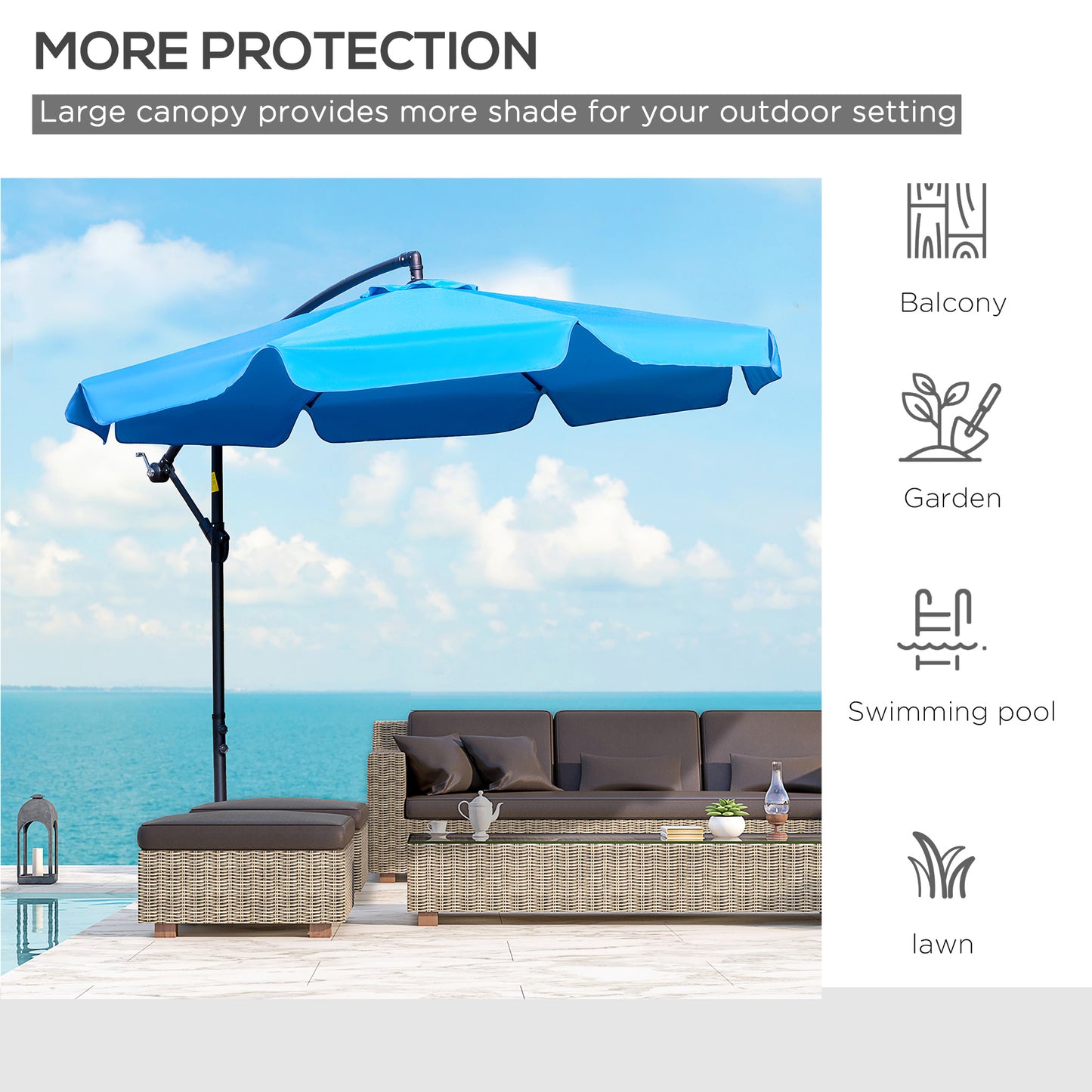 9FT Offset Hanging Patio Umbrella Cantilever Umbrella with Easy Tilt Adjustment, Cross Base and 8 Ribs for Backyard, Poolside, Lawn and Garden, Blue