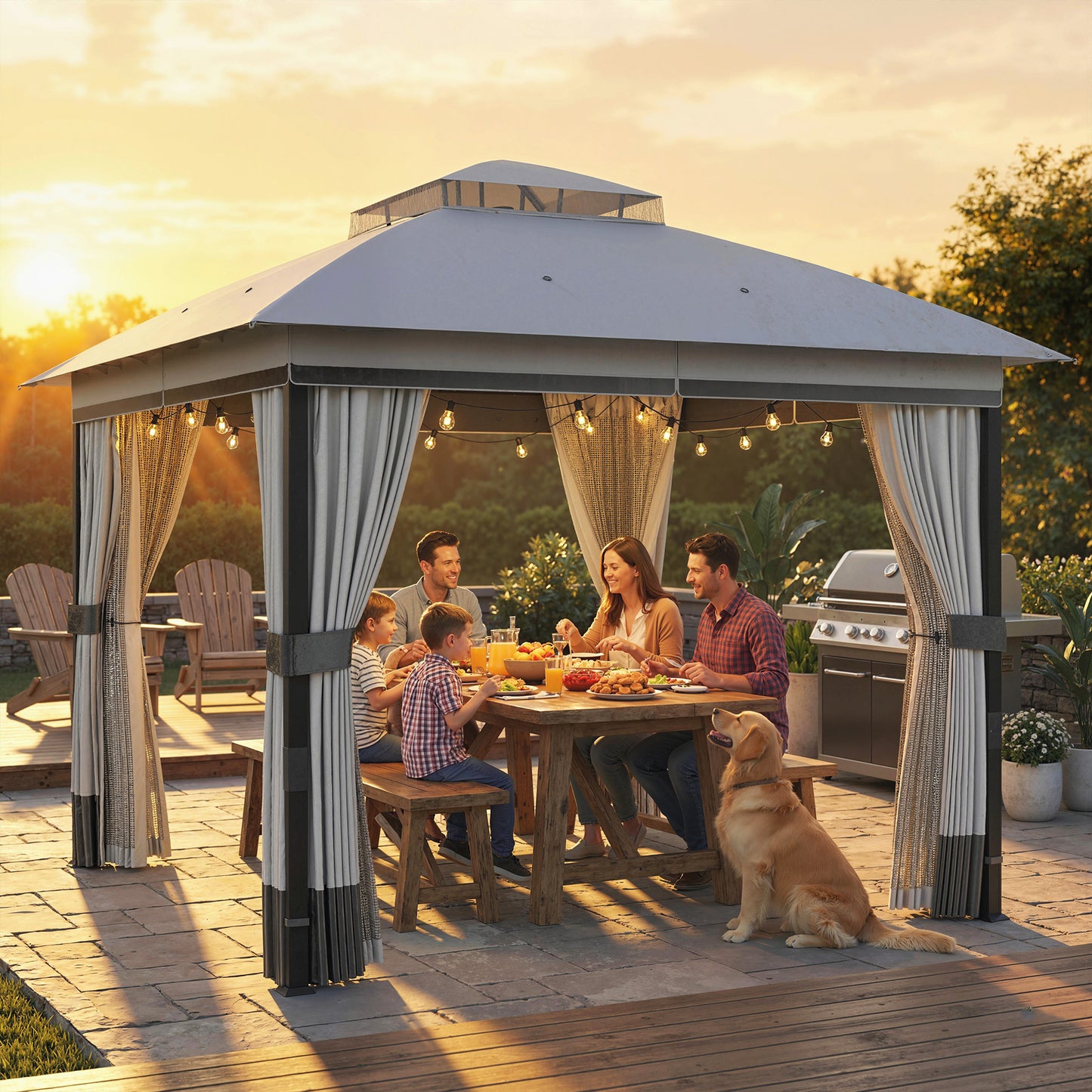 10' x 10' Patio Gazebo, UPF50+ Double Roof Outdoor Gazebo Canopy with Netting and Curtains, Steel Frame, Light Grey