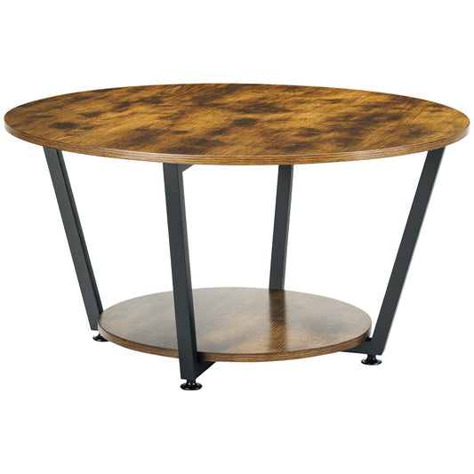 2-Tier Round Coffee Table with Storage - Rustic Brown