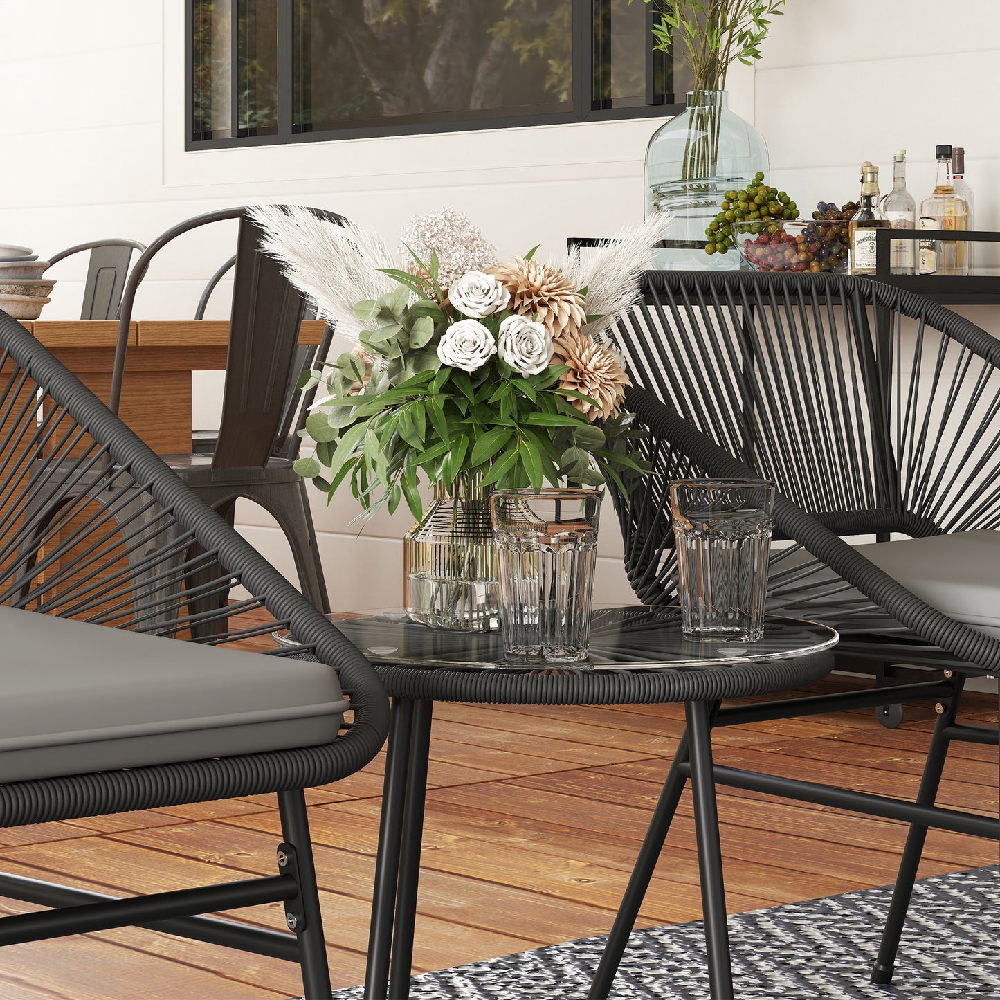 3 Piece Bistro Set, Wicker Outdoor Patio Furniture Set with Glass Top Table, Cushions for Balcony, Porch, Black