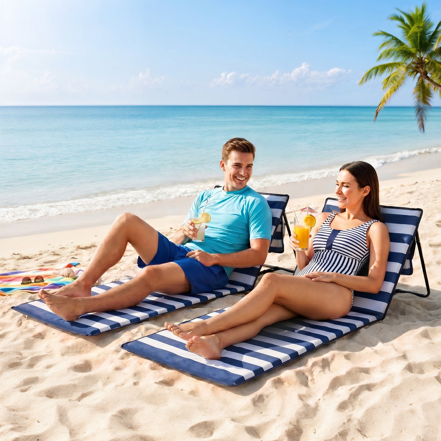 Set of 2 Foldable Lounge Chairs with Carry Bag, Adjustable Backrest, Blue and White