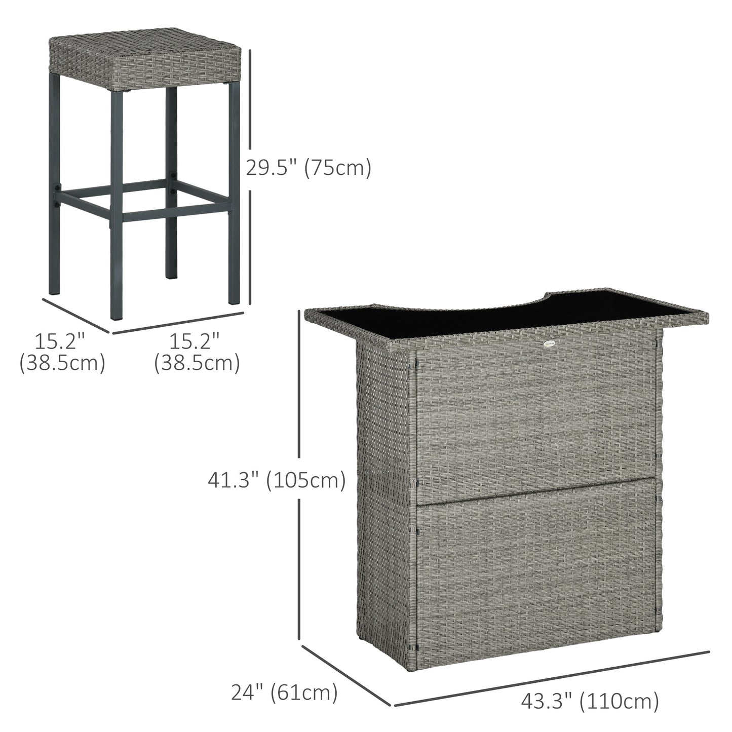 5 Pieces Patio Bar Set, Outdoor PE Rattan Wicker High Top Outdoor Table and Chairs Outdoor Bar Set with Tempered Glass Top Bar Table and Shelves, 4 Bar Chairs, Black