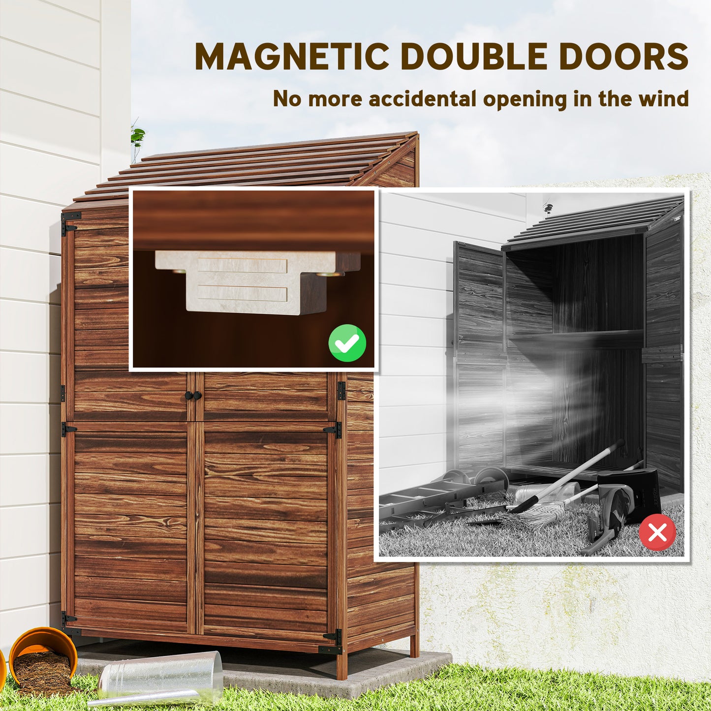 Outdoor Storage Cabinet, Wooden Garden Storage Shed with Double Doors and Shelves for Garden Porch Deck, Mixed-Brown