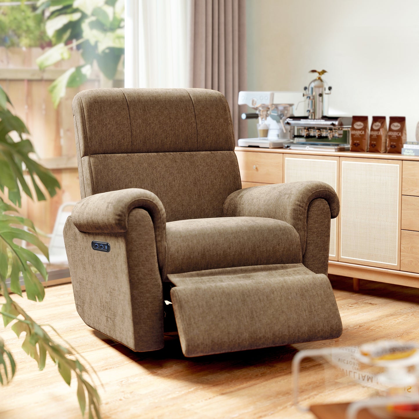 Power Recliner Chair, Fabric Upholstered Recliner Chair with USB Ports, Swivel and Rocking Function, Footrest