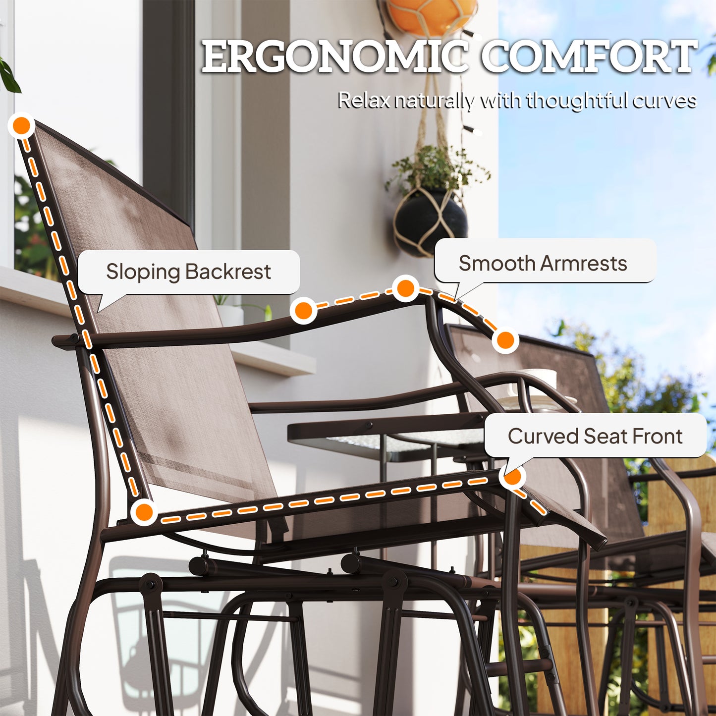 Double Patio Glider Chair with Glass Top Center Table, Outdoor Glider Loveseat with High Back, All Weather Breathable Mesh Fabric for Garden, Backyard, Deck, Brown