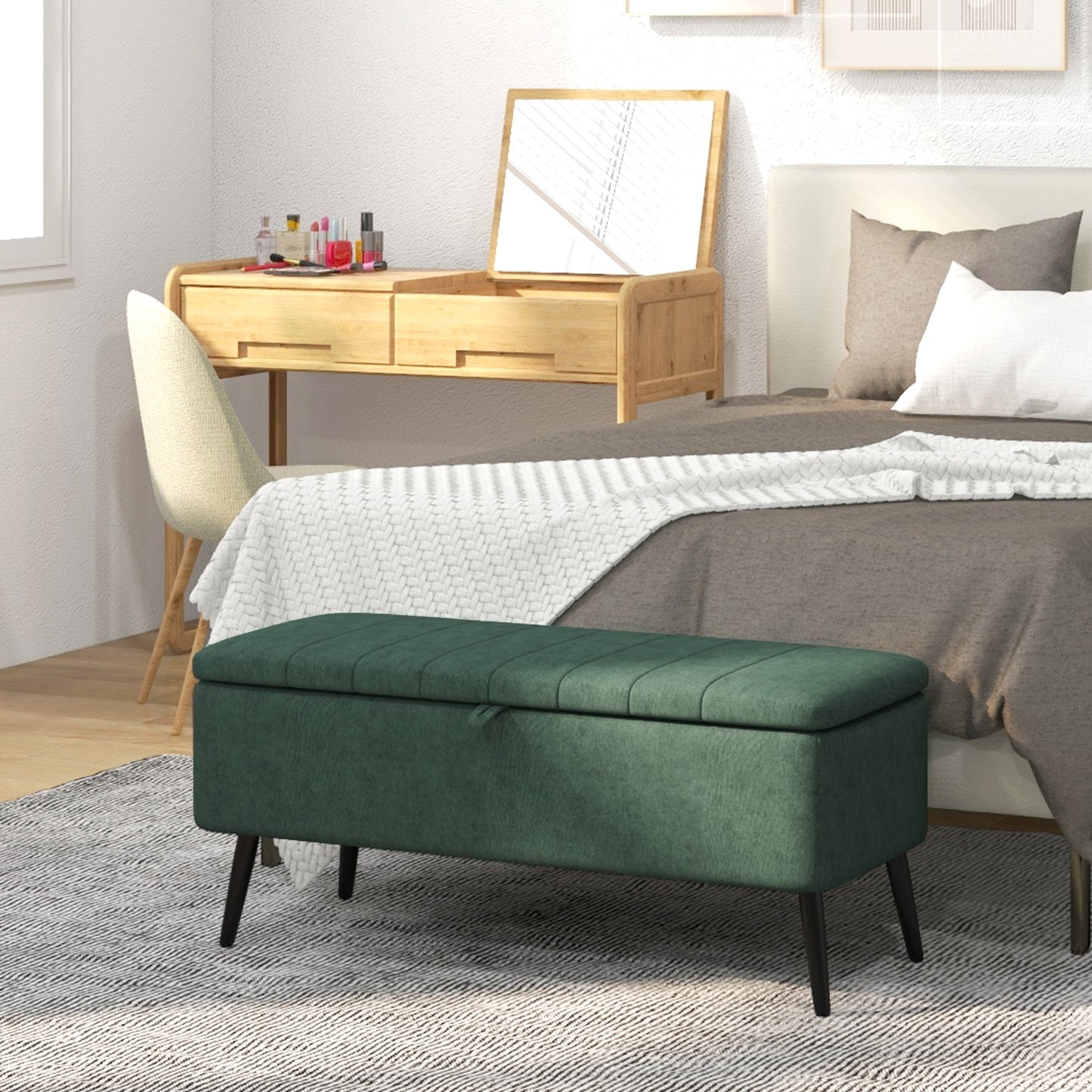 40" Ottoman with Storage, Linen Upholstered Storage Ottoman Bench with Steel Legs for Living Room, Bedroom Dark Green