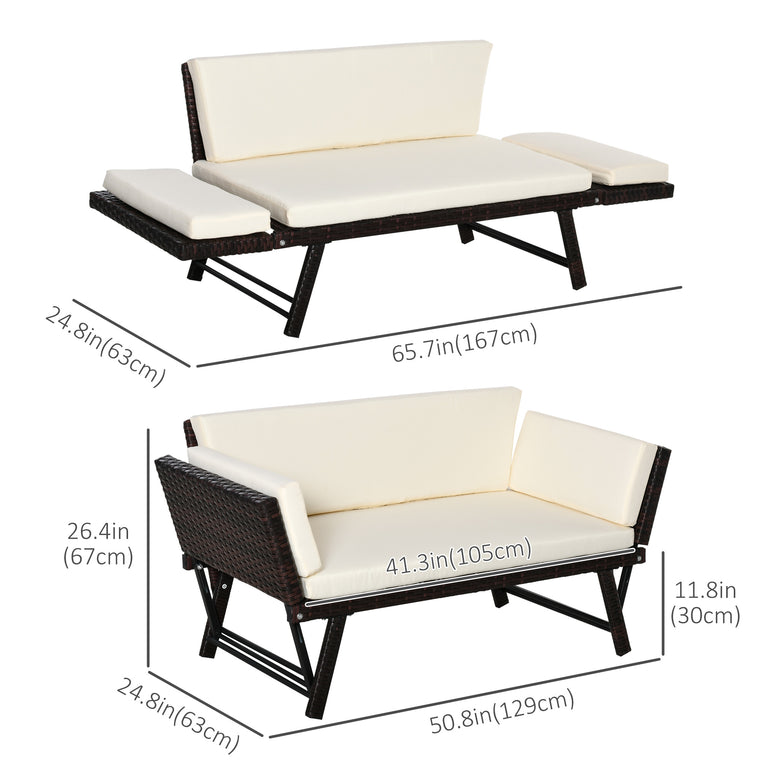 Brown Convertible Rattan Sofa Bed Chaise Lounge