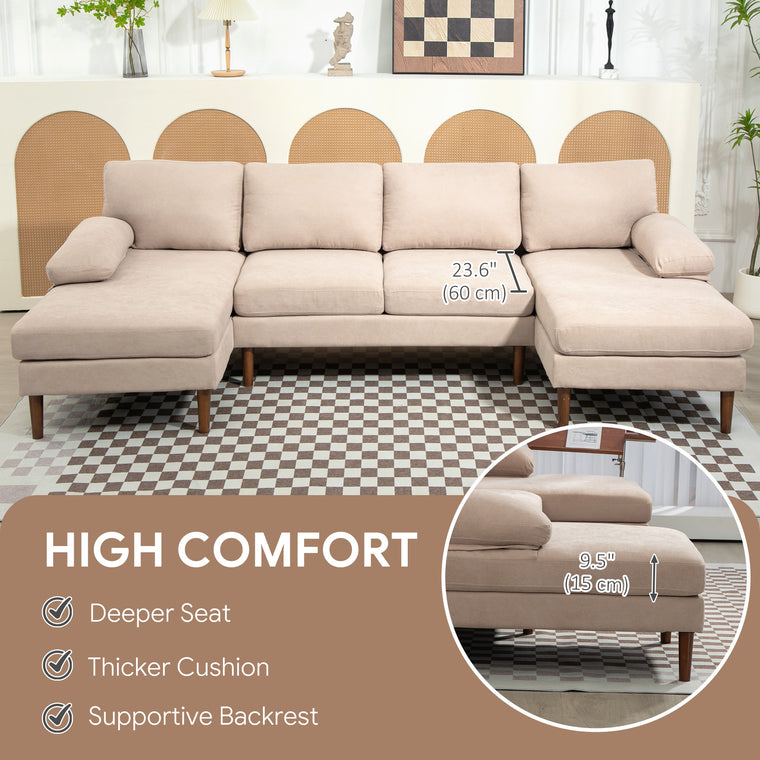 U-Shaped Sofa with Double Chaise & Wood Legs