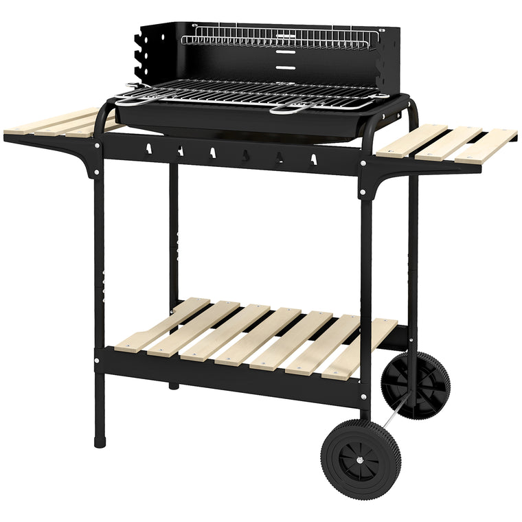 Black Charcoal BBQ Trolley with Ash Catcher & Wheels