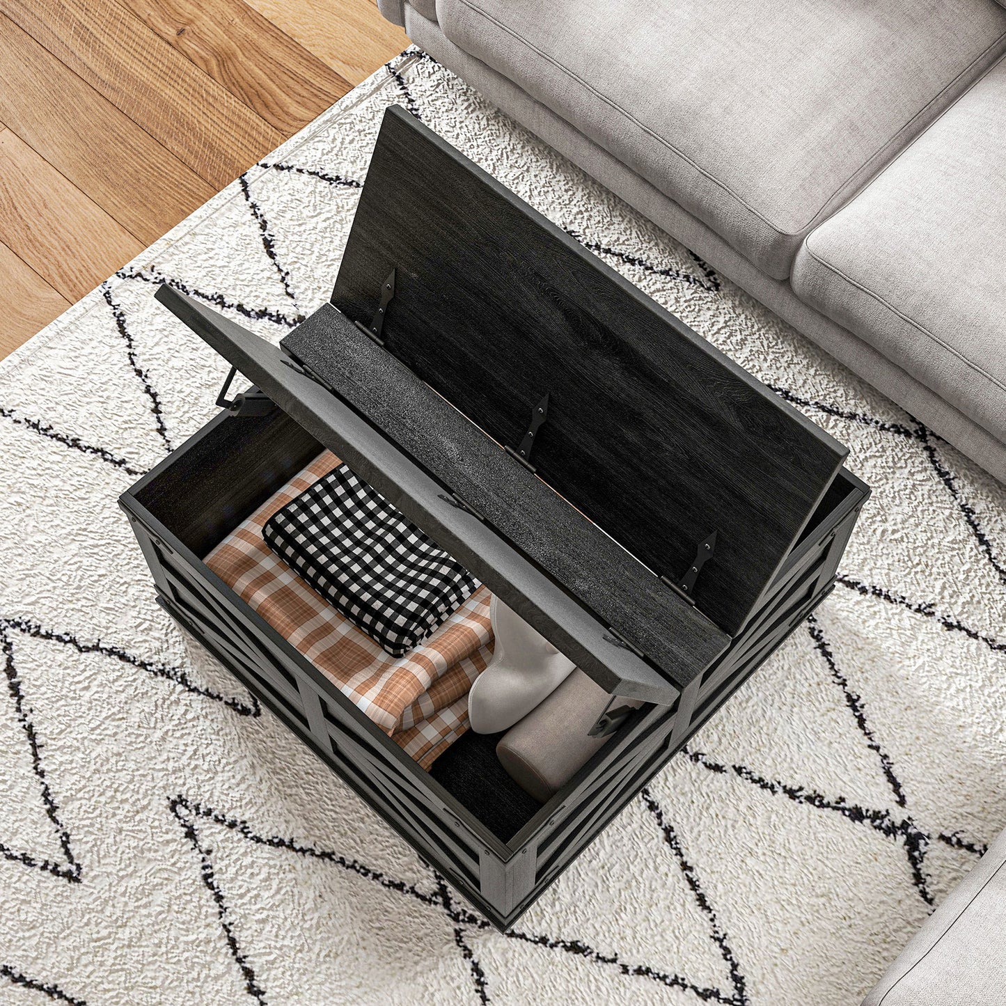 Farmhouse Coffee Table, Square Center Table with Flip-top Lids, Hidden Storage Compartment, Black
