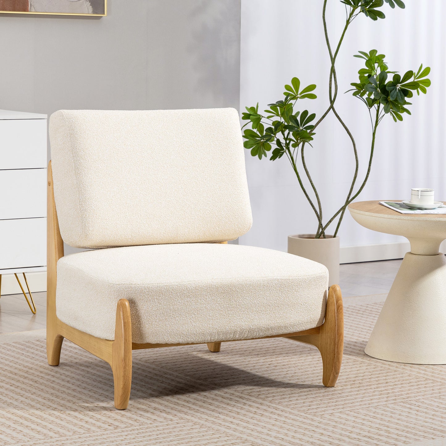 Accent Chair with Rubber Wood Frame, Wide Seat, Modern Chenille Bedroom Chair with Thick Cushion, Cream White
