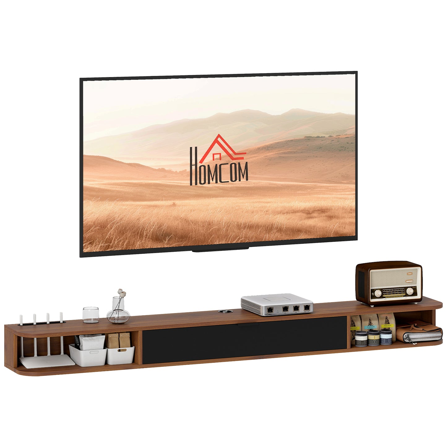 71" Floating TV Stand for TVs up to 75 Inch, Wall Mounted Media Console with Flip Drawer and 2 Open Shelves, Walnut