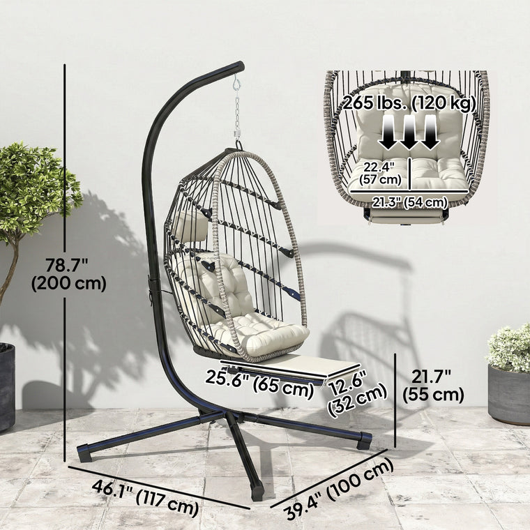 Hanging Egg Chair with Retractable Footrest and Metal Stand