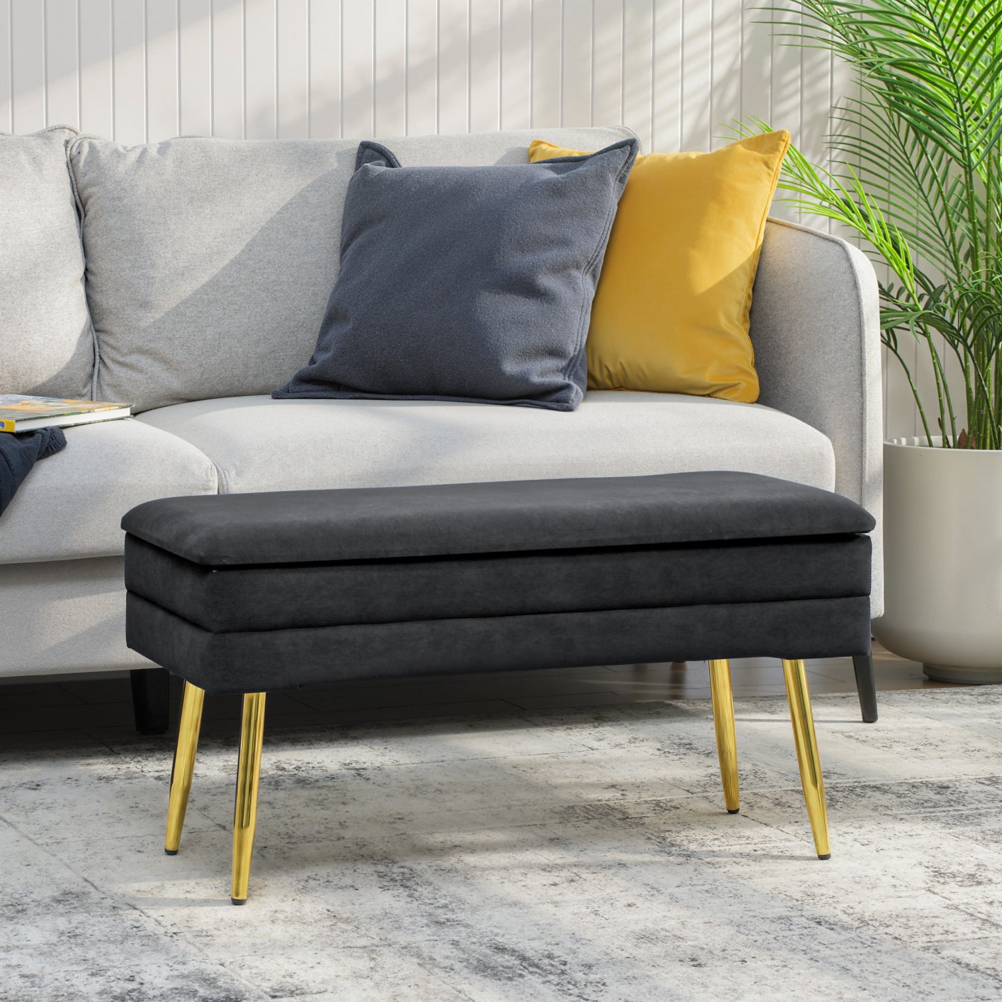 31" Storage Ottoman, Velvet End of Bed Bench with Steel Legs, Foot Stool with Storage for Bedroom, Living Room, Black