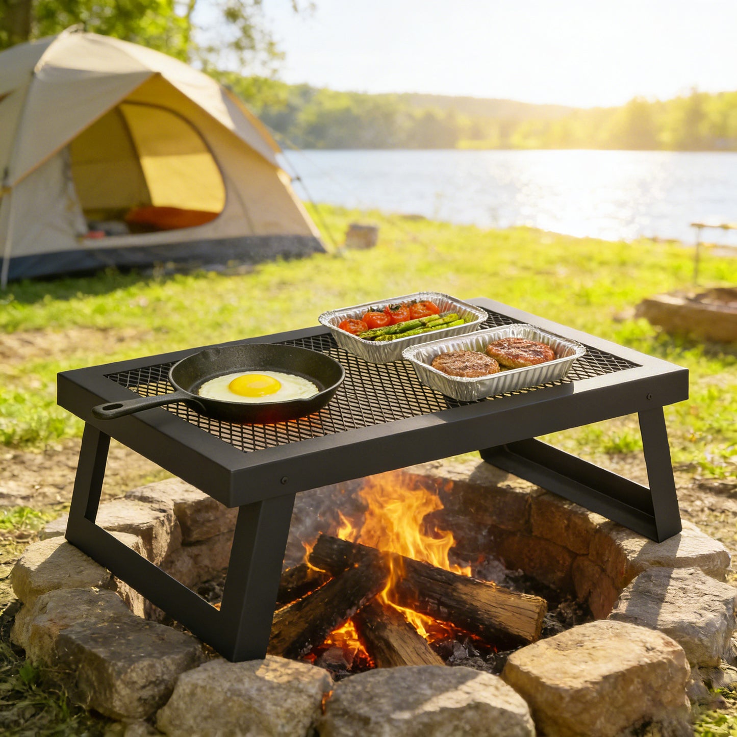 Folding Campfire Grill, 36" x 18" Heavy Duty Carbon Steel Grill Grate with Folding Legs, Black