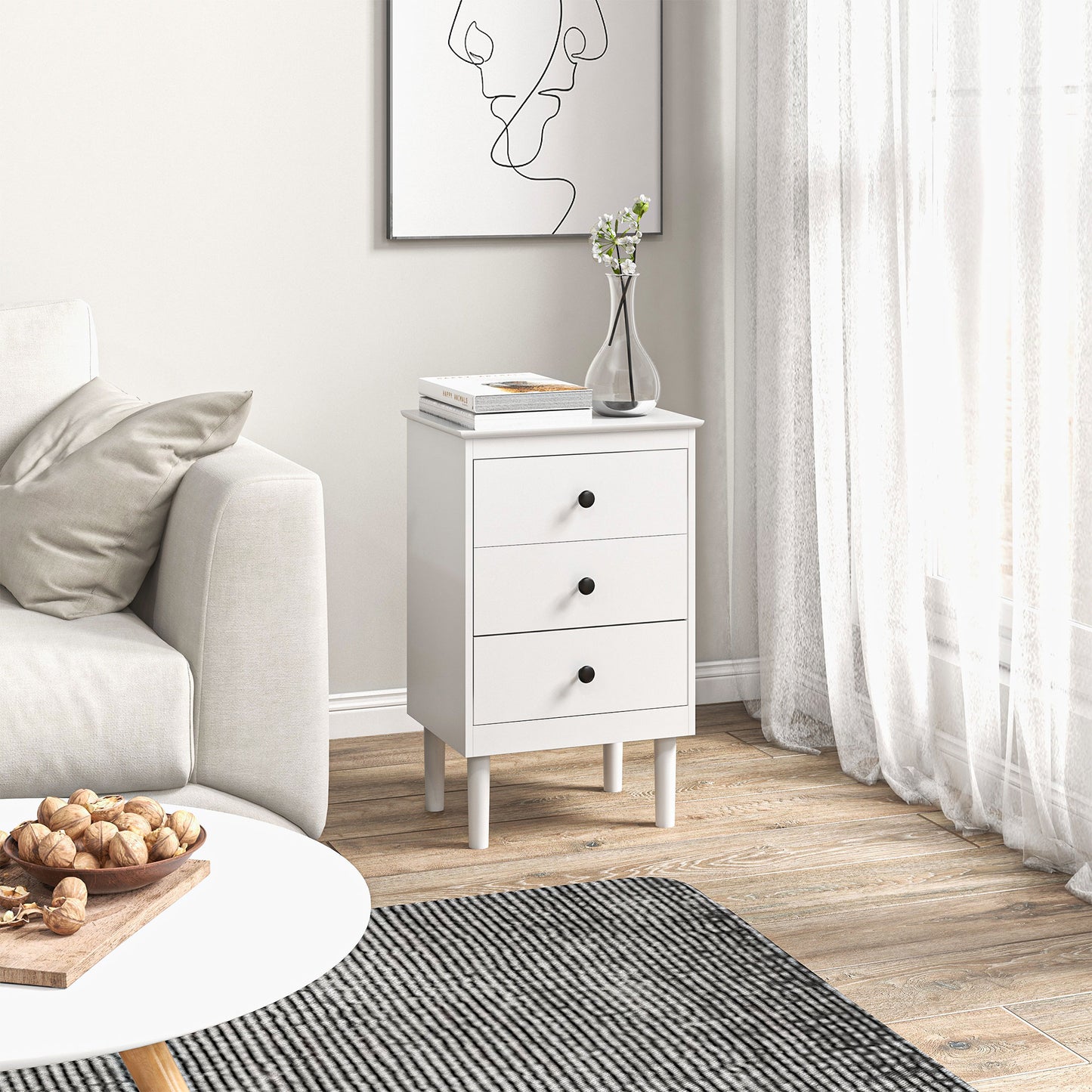 Set of Two Three-Drawer Modern Bedside Tables for Bedroom, White