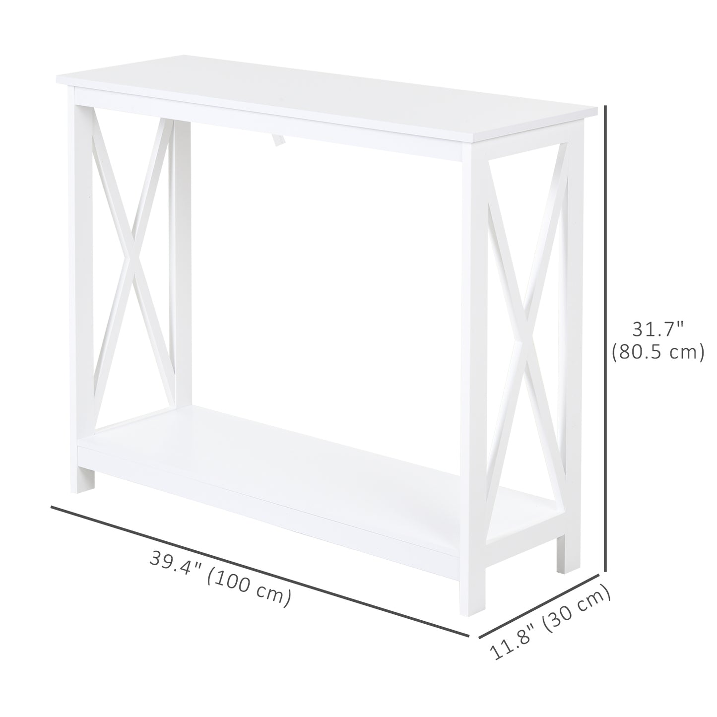 40" Console Table, 2 Tier X-Design Narrow Entryway Table with Storage Shelf for Behind Couch, Living Room, Hallway, White