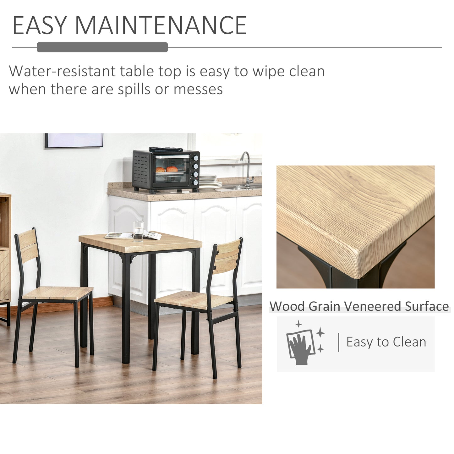 Dining Table Set for 2, 3 Piece Kitchen Table and Chairs with Metal Legs for Small Spaces, Natural Wood