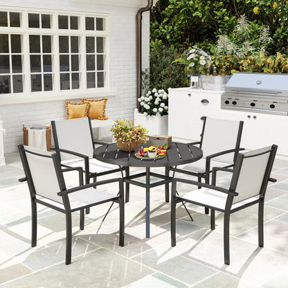 5 Piece Outdoor Dining Set with Round Table and 4 Stackable Chairs, for Backyard, Lawn, Deck, Balcony, Pool Side - Light Grey