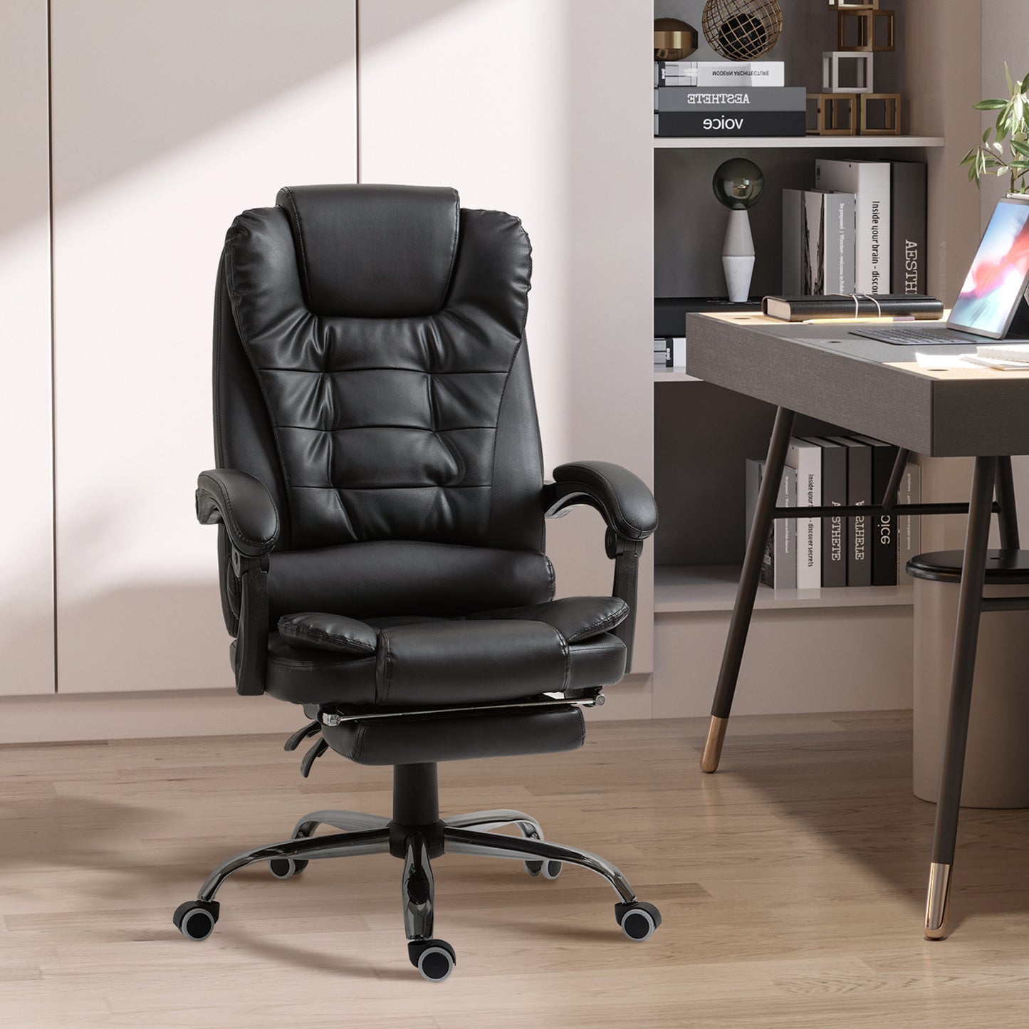 Ergonomic Office Chair with Back Support, PU leather Executive Office Chair with High Back, Retractable Footrest, Black
