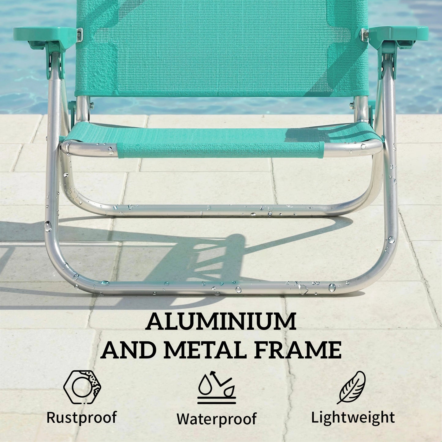 2 Piece Folding Beach Chairs with Adjustable Canopy, 6-Position Reclining Lounge Chair with Headrest, Turquoise