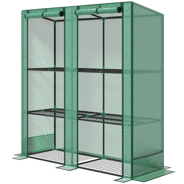 Green Lean-To Greenhouse with 3-Tier Shelves & 2 Roll-Up Doors