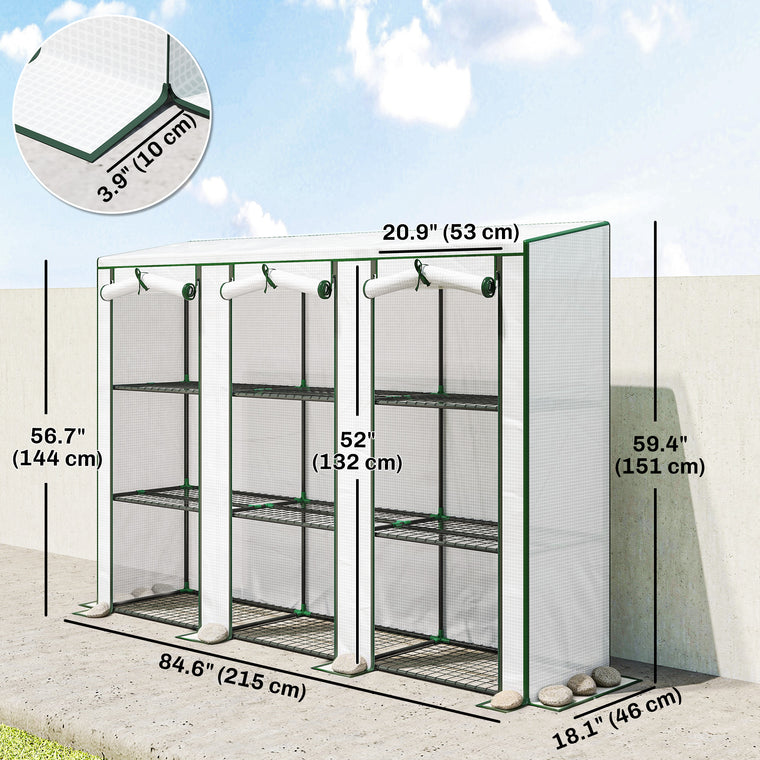White Lean-To Greenhouse with 3-Tier Shelves & Roll-Up Doors