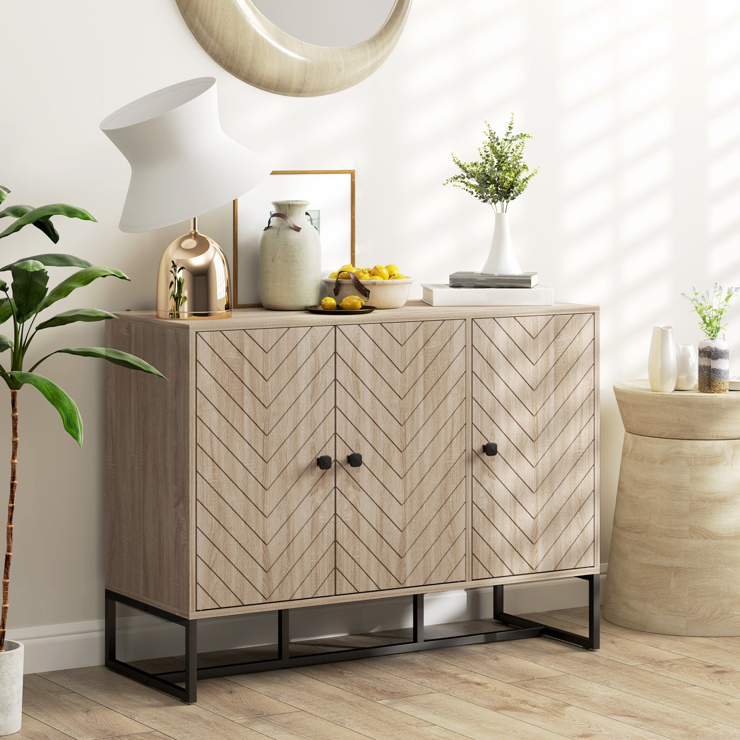 Modern Sideboard, Buffet Cabinet with Adjustable Shelves, 3 Chevron Doors for Living Room, Hallway, Oak Wood Grain