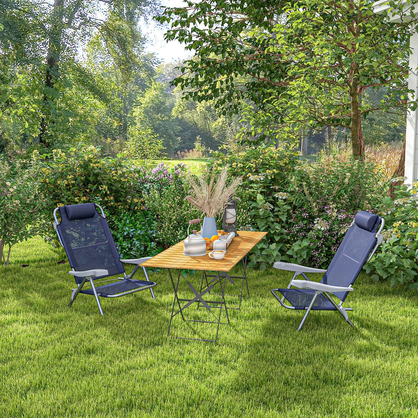 Set of 2 Camping Chairs, Beach Chairs with Adjustable Backrest and Headrest, Folding Chair for Outdoor, Dark Blue